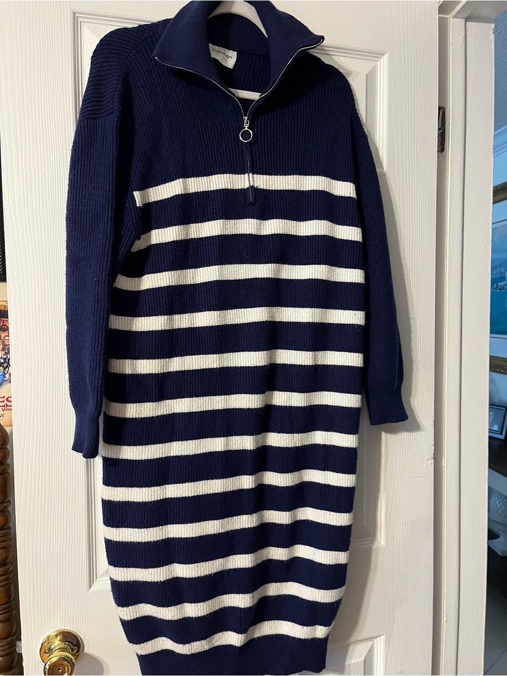 Callahan Navy and White Striped Half-Zip Sweater Dress